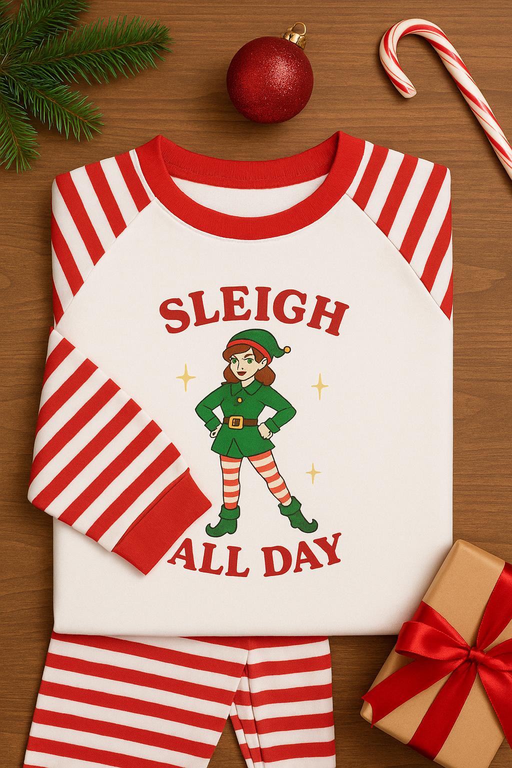 Adults ‘Sleigh All Day’ Christmas Pyjamas – Cheeky Elf Festive Top & Bottom Set