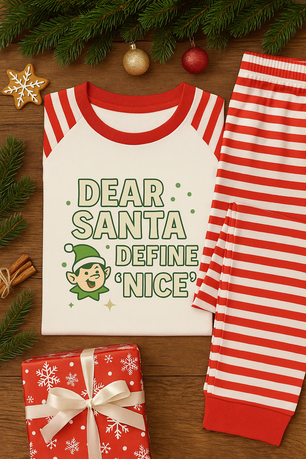 'Define Nice’ Christmas Pyjamas – Men’s & Women’s Festive Top and Bottom Set